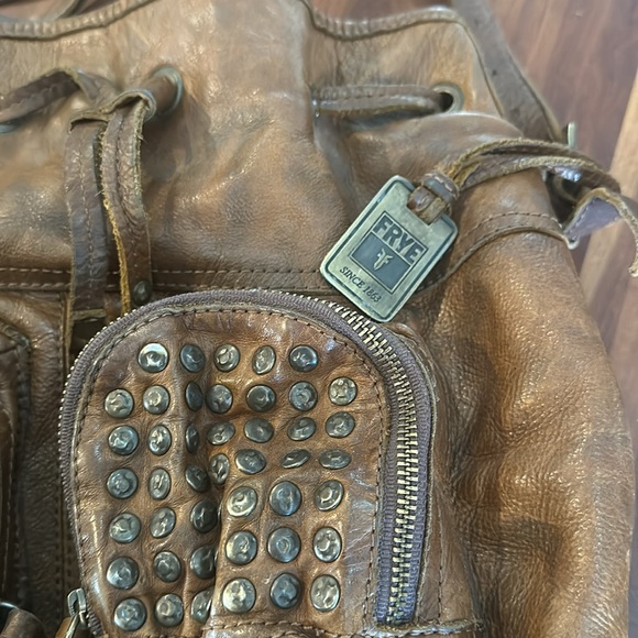 FRYE Brooke Brown Leather Studded Drawstring Shoulder Crossbody Bag - Picture 2 of 9